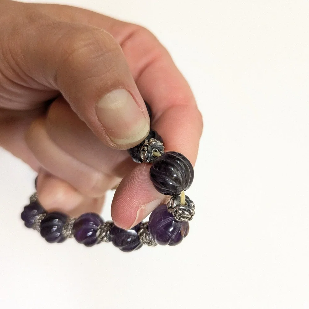 Carved Purple Melon Bead Stretch Bracelet Silver Tone Rose Floral Gemstone Boho